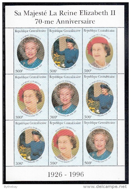 Central African Republic MNH Scott #1124 Minisheet Of 3 Strips Of 3 300fr Queen Elizabeth´s 70th Birthday - Familles Royales