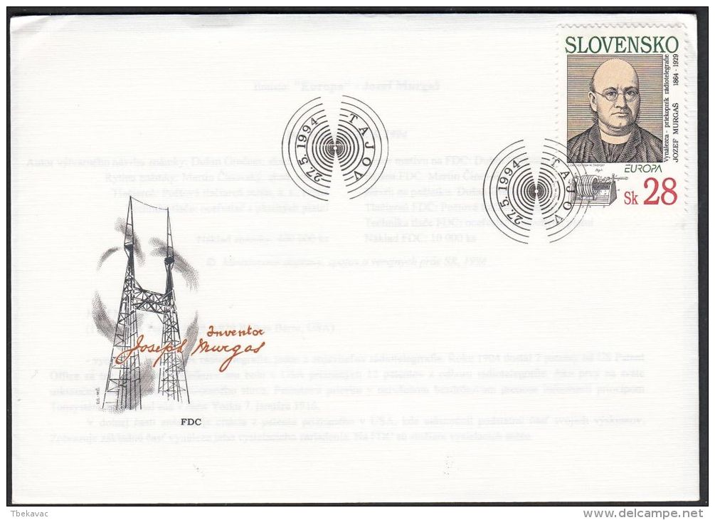 Slovakia 1994, FDC Cover "Europe: Discoveries And Inventions" W./ Special Postmark "Tajov", Ref.bbzg - FDC