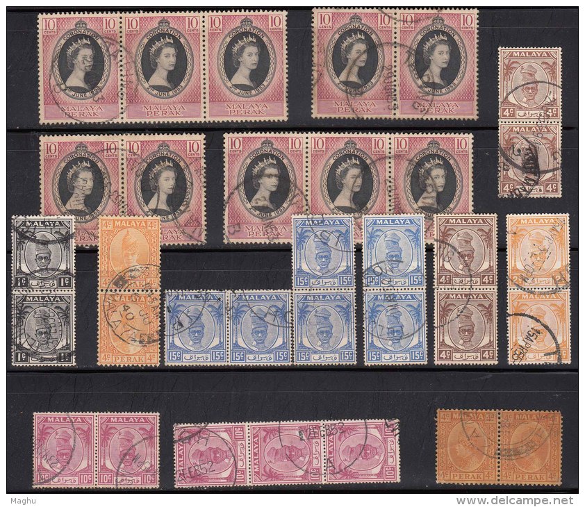 Pair, Pairs, Strip, Perak Used, 1953, 1950, 1935, Malaya - Perak