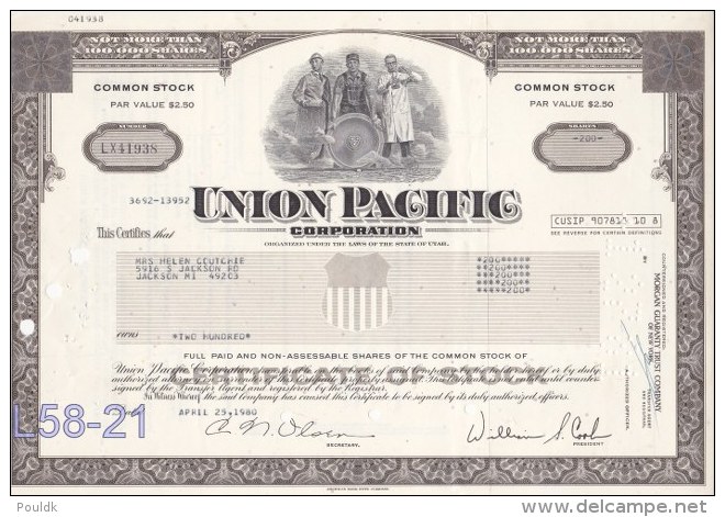 Shares: USA 1980 Union Pacific Corporation 200 Shares (L58-21) - Other & Unclassified