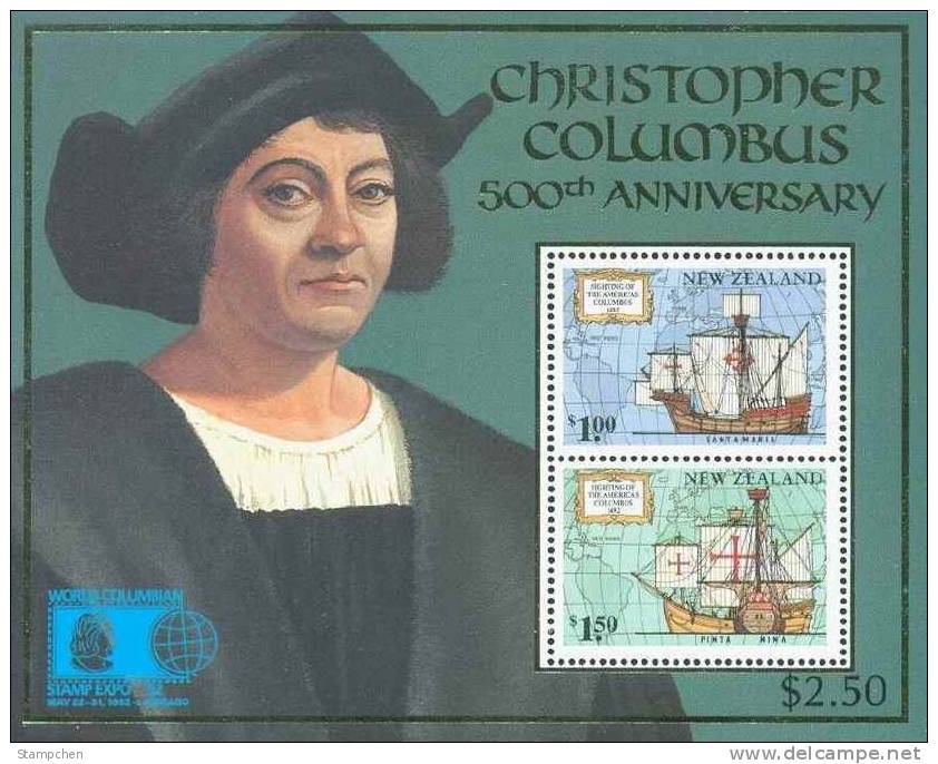 1992 New Zealand Columbus Stamps S/s Map Sailboat Ship Famous - Ongebruikt