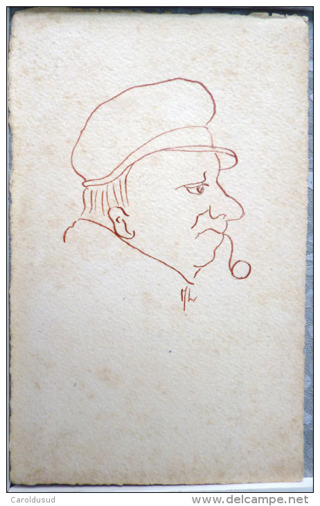 CPA Litho Dessin Eau Forte Essai Illustrateur Portrait Autoportrait ? Signé M.H. Silhouette Homme Profil Casquette Pipe - Silhouettes