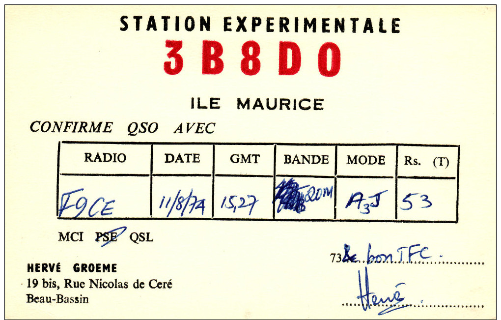 Q46 Carte QSL Radio Amateur Operateur 3B8DO De Beau Bassin A ILE MAURICE - Radio-amateur