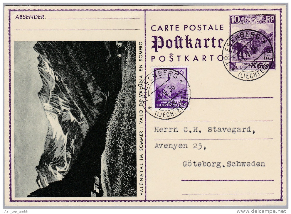 Liechtenstein 1936-V-1 Triesenberg Auf Bildganzsache 10Rp + 10Rp Zusatz Frankatur Nach Göteberg Schweden - Stamped Stationery