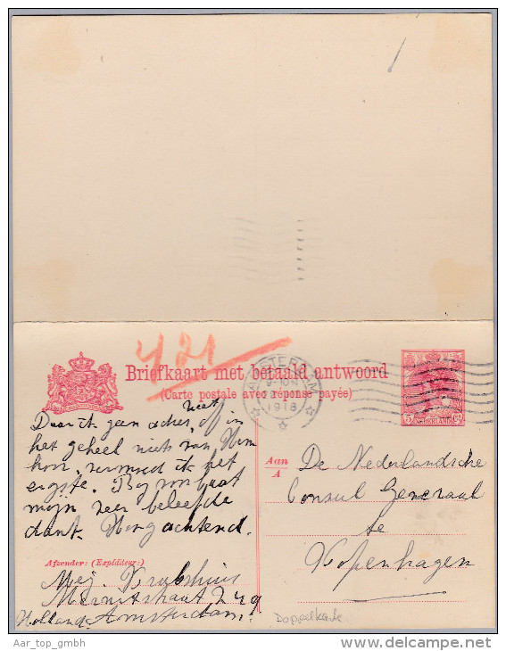 Niederlande 1918-III-22 Amsterdam Auf Doppelkarte Nach Kopenhagen - Postal Stationery