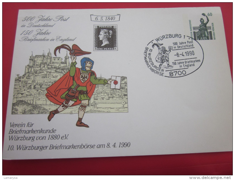 Deutsche Bundespost Allemagne Entiers Postaux  Wurzburg  8/4/1990 > 500 Jahre Post >> One Penny > 6..5.1840 - Illustrated Postcards - Used