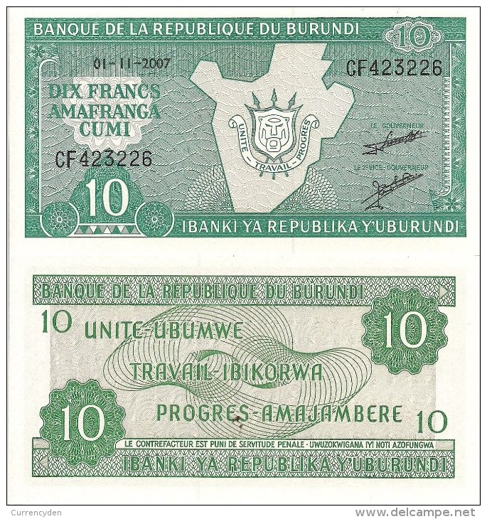Burundi P33b, 10 Francs, Map Of Burundi, Arms - Burundi