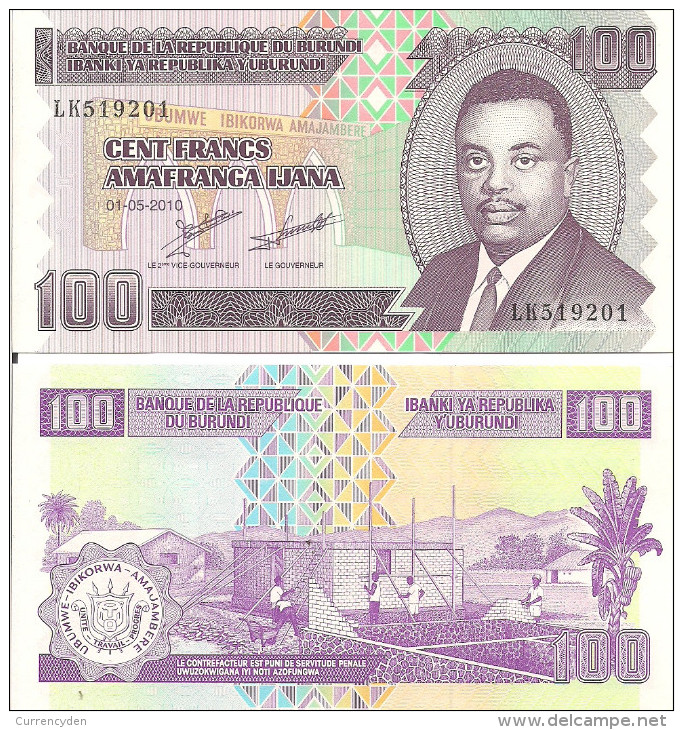 Burundi P44, 100 Francs, Prince Rwagasore / Home Construction, 2010 - Burundi