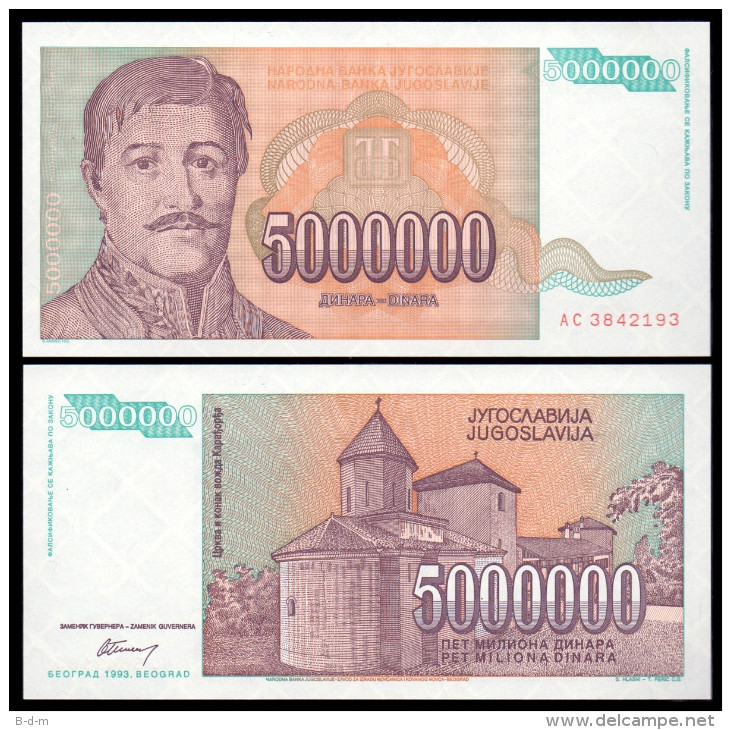 YUGOSLAVIA 5 MILLION 5000000 DINARA 1993 PICK 132 AC SC UNC - Yougoslavie