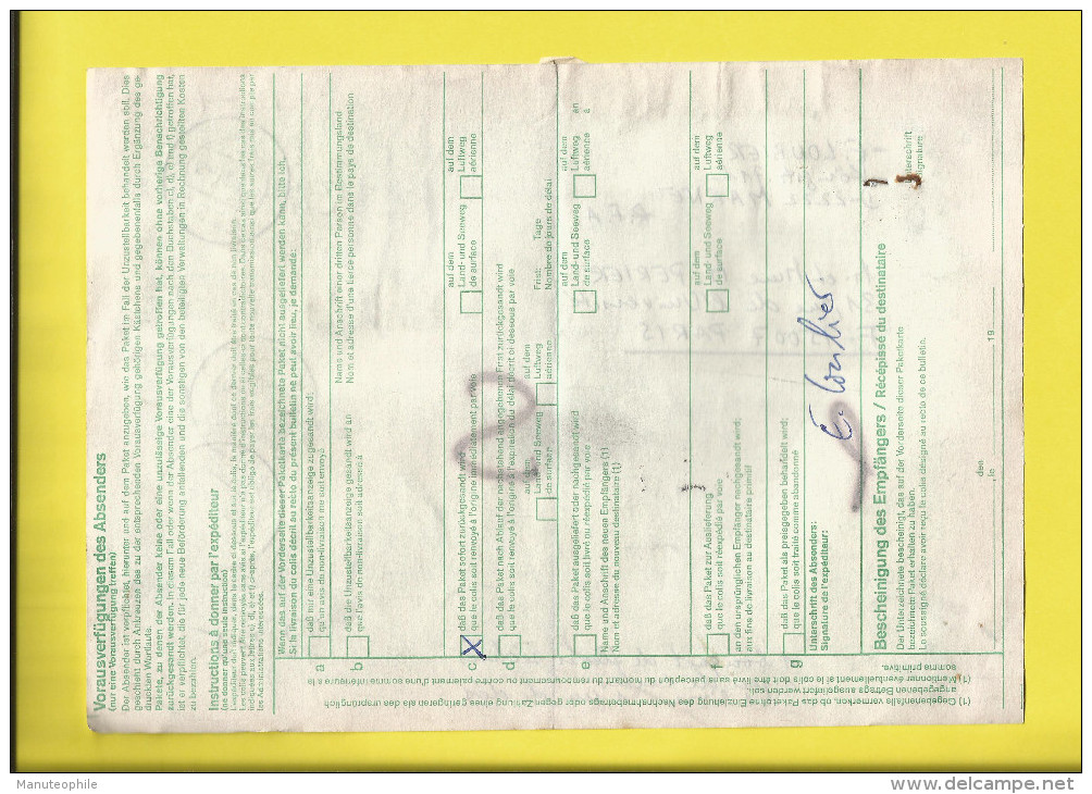 ALLEMAGNE Bulletin D´Expédition De COLIS POSTAL PAR AVION Affranchi De 5 Timbres De 2222 MARNE Pour PARIS  26 10 84 - Lettres & Documents