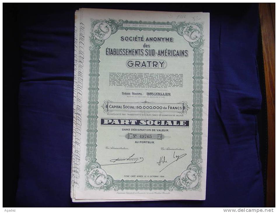 S.A Des Etabissements Sud Américains "GRATRY"1956. Siège Social Bruxelles (industrie Textile). - Textile