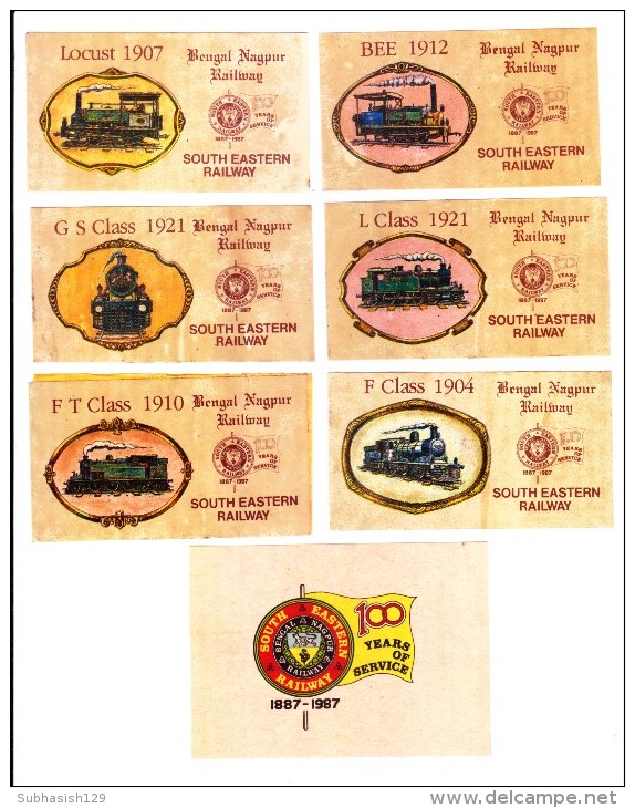 SET OF 7 LABEL ISSUED ON CENTENARY CELEBRATION OF SOUTH EASTERN RAILWAY [ BENGAL NAGPUR RAILWAY ] ON 1987 - Chemin De Fer