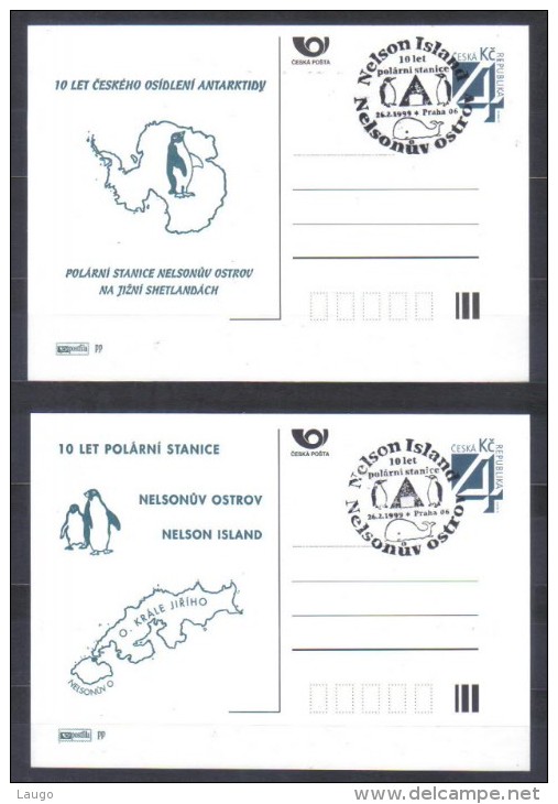 Czech 2 Post Cards  Imprint Nelson Island  - 10th Anniversary Of Antarctic Station Building , Penguins 1999 - Onderzoeksstations