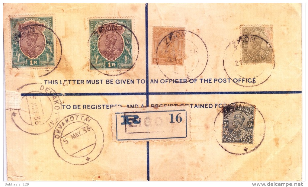 INDIA USED IN BURMA - 1936 REGISTERED POSTAL ENVELOPE BOOKED FROM ZIGON FOR INDIA, USE OF ADDITIONAL INDIAN STAMPS - Burma (...-1947)