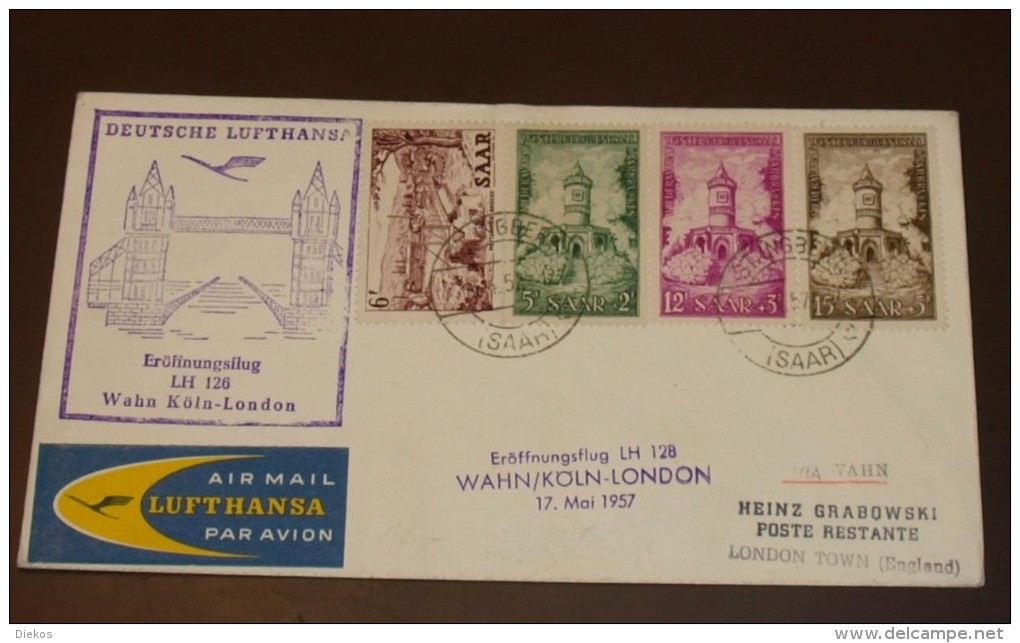Saar Luftpost Zuleitung Köln London Lufthansa 17.5.1957  #cover2775 - Covers & Documents