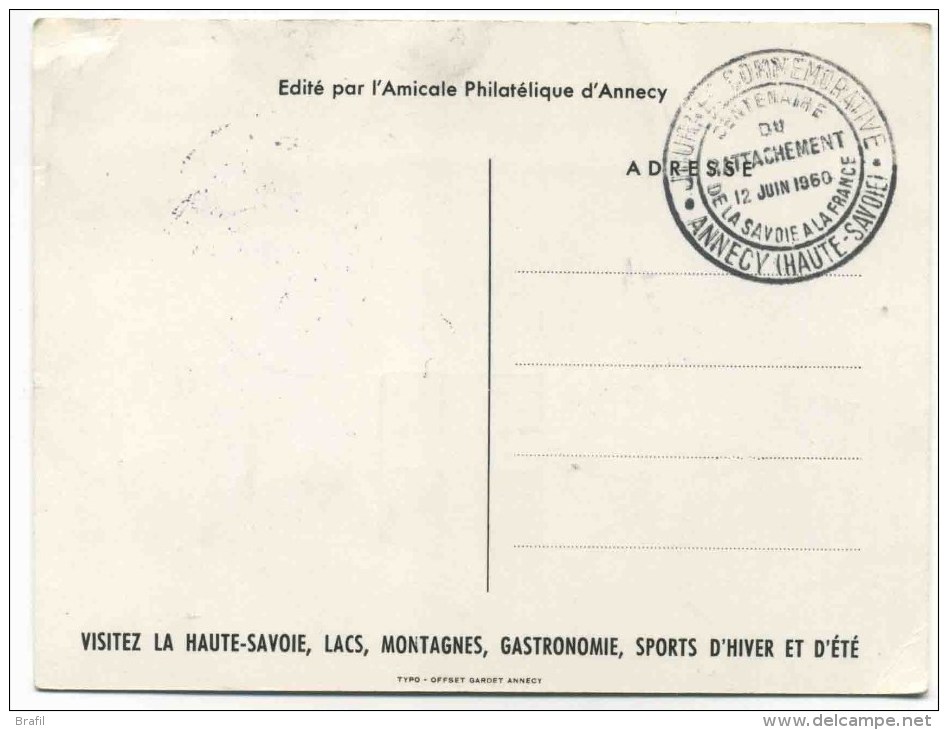 1960 Francia, Centenaire Du Rattachement De La Savoie Cartolina Manifestazione - Storia Postale