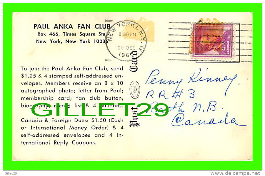 ARTISTES - PAUL ANKA FAN CLUB - TRAVEL IN 1963 - - Artistes