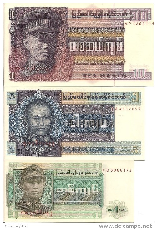 Burma P56-58, 3 Note 1-10 Kyat Set, 1965-73 - Myanmar