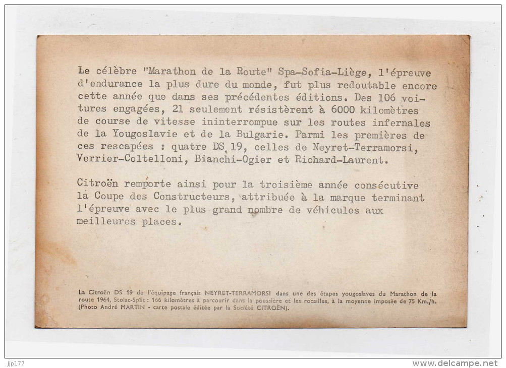 Automobile Citroen DS Rallye Equipage  Neyret Terramorsi Yougoslavie Etape Stolac Split Marathon Liege Sofia Liege 1964 - Voitures De Tourisme