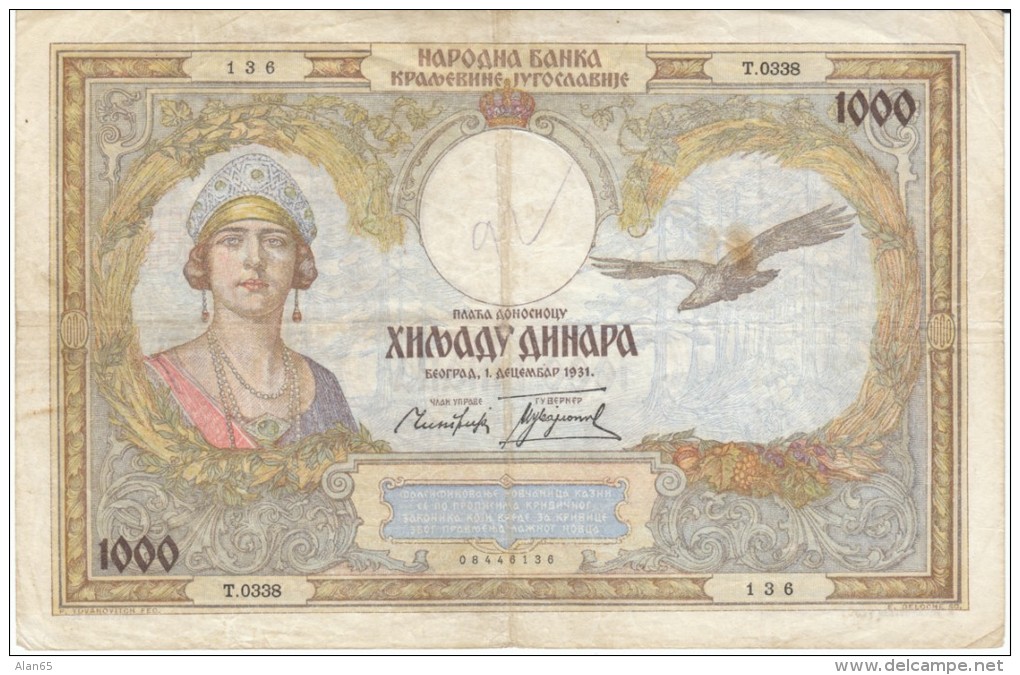 Yugoslavia  #29 1000 Dinara 1931 Banknote Currency - Yugoslavia