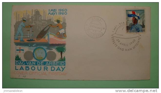 Netherlands Antilles (Aruba) 1960 FDC Cover  - Worker Factory Flag Ship Helmet Cogwheel Fishing Boat Industry - Antillen