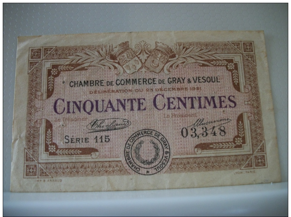 70 GRAY VESOUL - CHAMBRE DE COMMERCE - CINQUANTE CENTIMES 23 DECEMBRE 1921 SERIE 115 - TTB - Cámara De Comercio