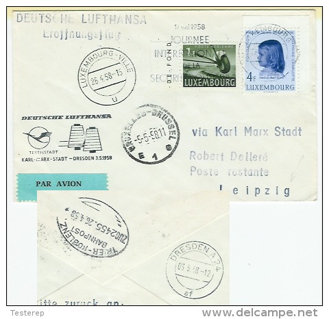 Deutsche Lufthansa Luxembourg-Leipzig 26.4.1958  + Zug Stempel Trier-Koblenz - Covers & Documents