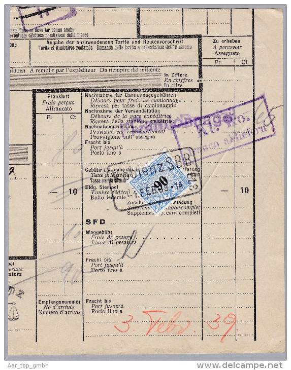 Heimat AG KOBLENZ SBB 1939-02-01 Bahnstempel Eisenbahnmarken Auf Frachtbrief Stück - Railway