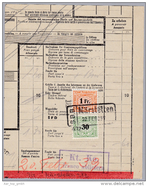 Heimat TG MÄRSTETTEN SBB 1939-2-20 Bahnstempel Eisenbahnmarken Auf Frachtbrief Stück - Bahnwesen