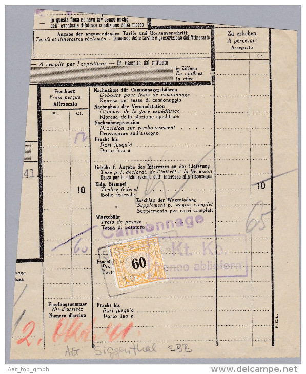 Heimat AG SIGGENTHAL SBB 1943-X-1 Bahnstation Stempel Eisenbahnmarken Auf Frachtbrief Stück - Bahnwesen