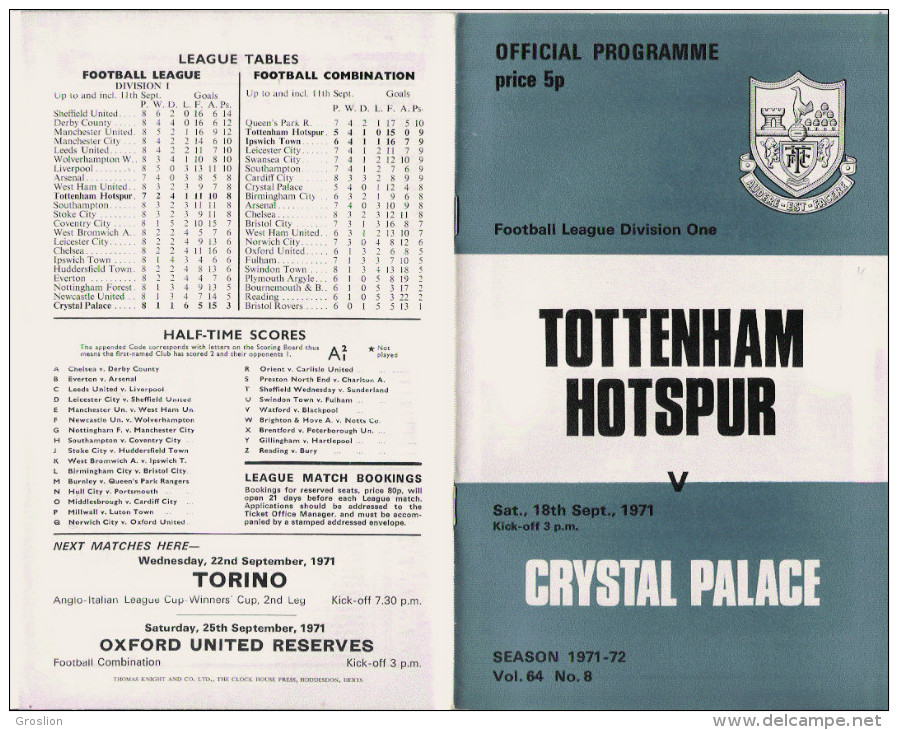 PROGRAMME MATCH TOTTENHAM HOTSPUR V CHRYSTAL PLALACE  1971 - Bücher