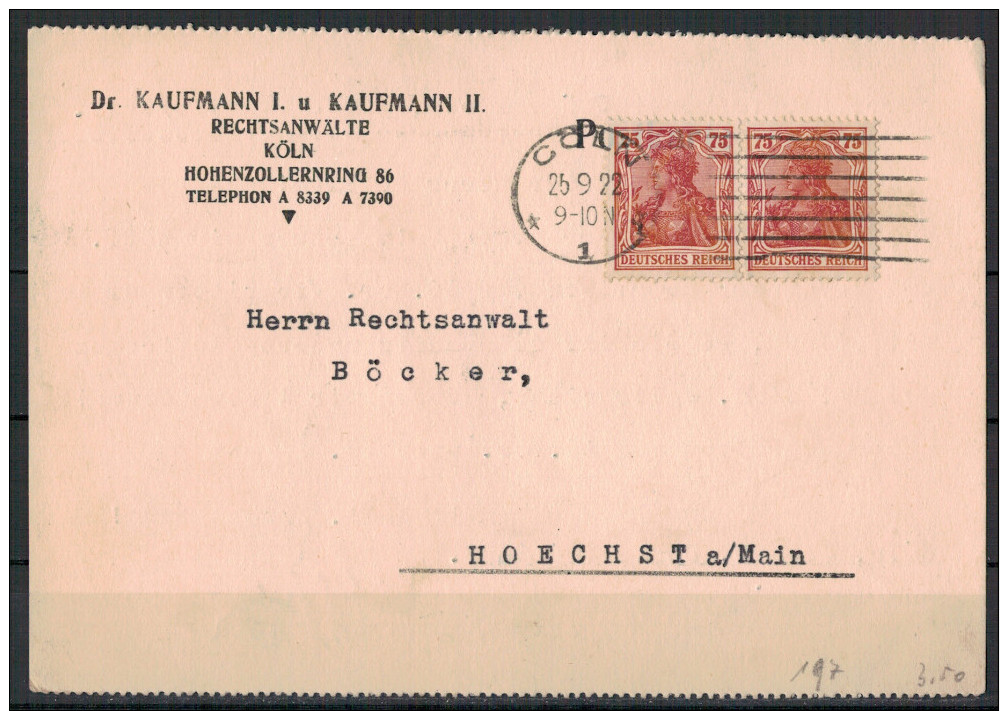 Deutsches Reich, Postkarte MiNr 2 X 197 (1922) Von Köln Nach Höchst Gelaufen - Cartas & Documentos