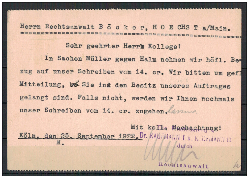 Deutsches Reich, Postkarte MiNr 2 X 197 (1922) Von Köln Nach Höchst Gelaufen - Cartas & Documentos