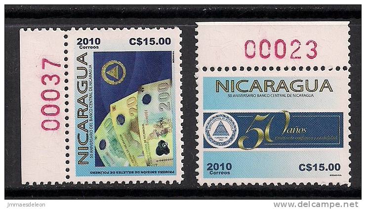 Nicaragua 2010 Aniversary Of Central Bank - Banknotes On Stamp - Set Of 2 Mint Stamps - Nicaragua