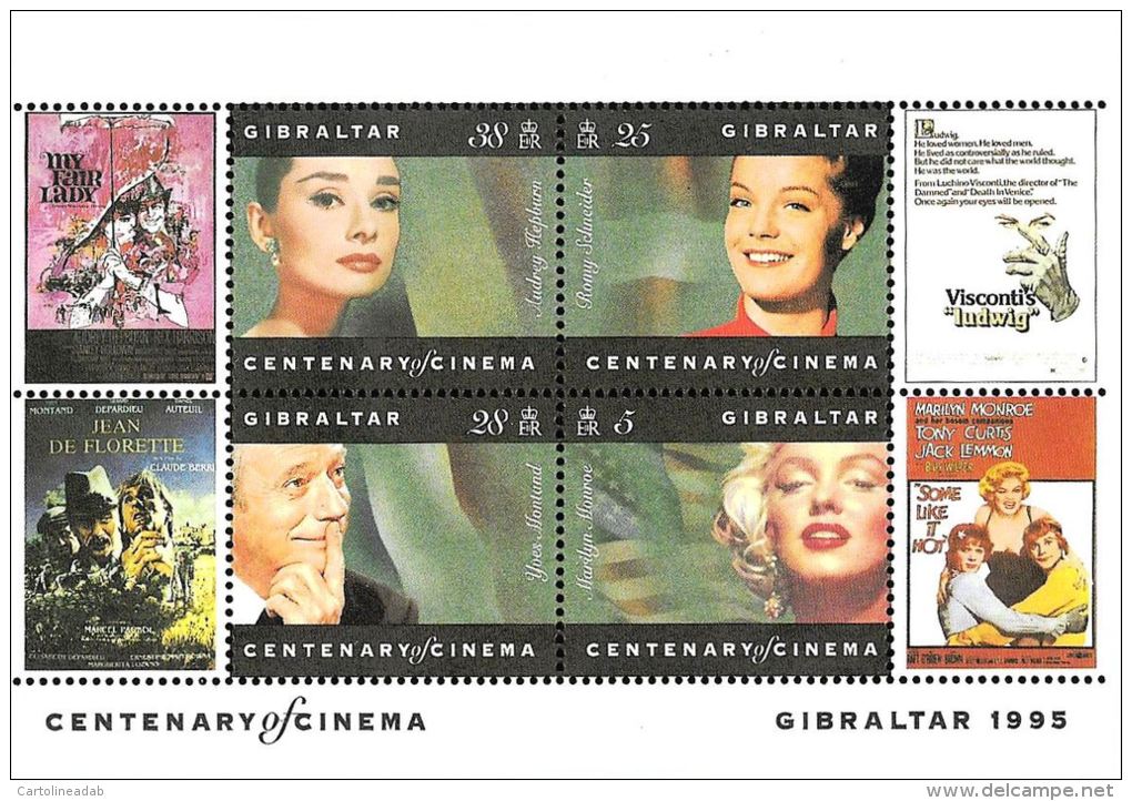 [DC0094] CARTOLINEA - MOLTO RARA - 2° FOGLIETTO FRANCOBOLLI GIBILTERRA - CENTENARIO DEL CINEMA - Francobolli (rappresentazioni)