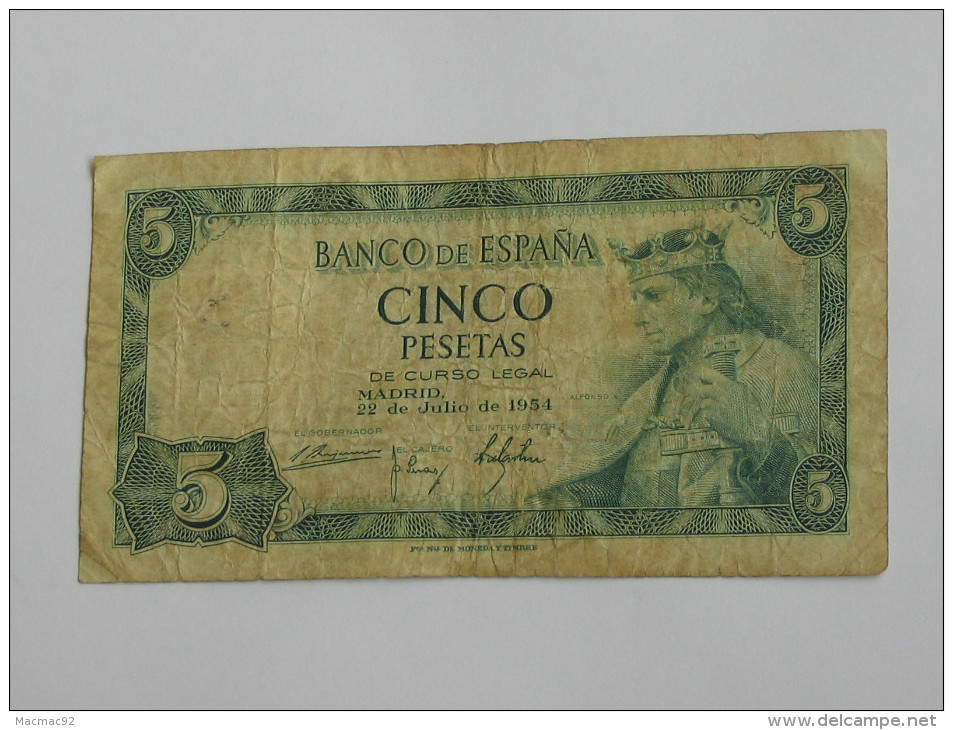 ESPAGNE. 5  Cinco Pesetas  - 1954  Banco De Espana **** EN ACHAT IMMEDIAT **** - 5 Pesetas