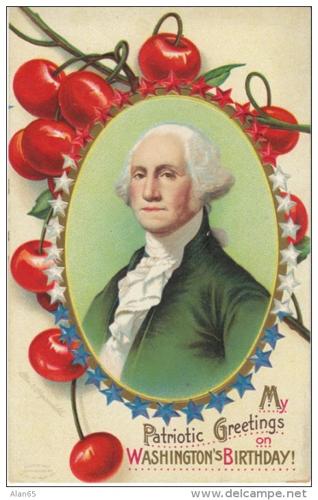 US President George Washington Cherry, Birthday, C1900s Vintage Embossed Postcard - Presidentes