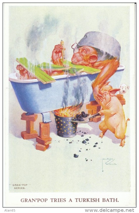 Lawson Wood Artist Signed, Monkey In Bath, Pig Brings Coal To Warm Water, C1920s/30s Vintage Postcard - Wood, Lawson