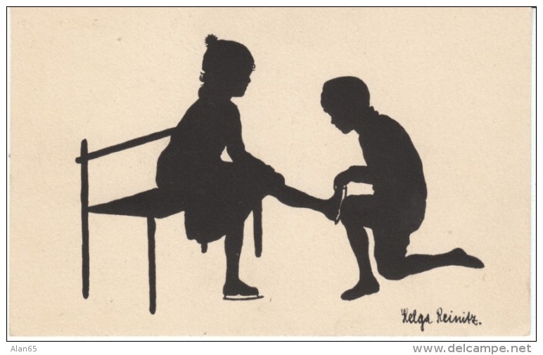 Helga Reinitz Artist Signed Silhouette, Boy And Girl Ice Skate, C1920s/30s(?) Vintage Postcard - Silhouetkaarten