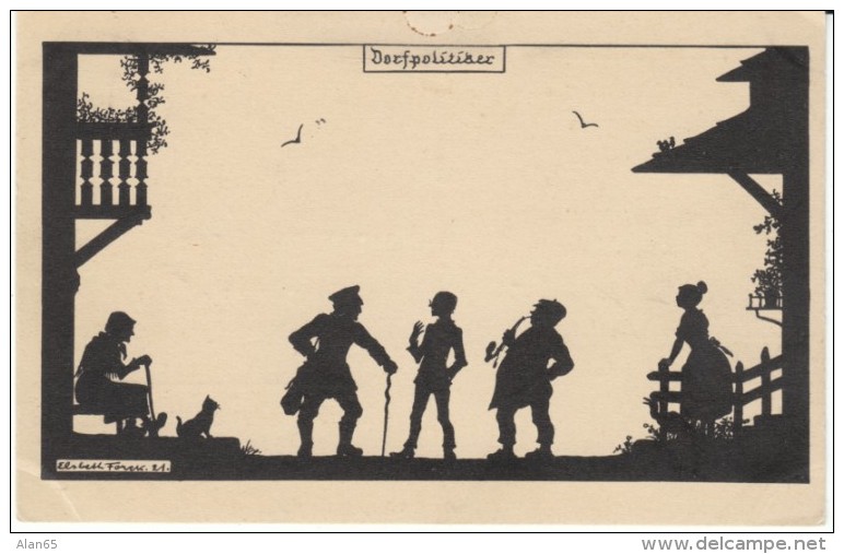 Silhouette Elsbeth Forck Artist Signed Switzerland Village Scene, Police(?), C1920s Vintage Postcard - Silhouettes