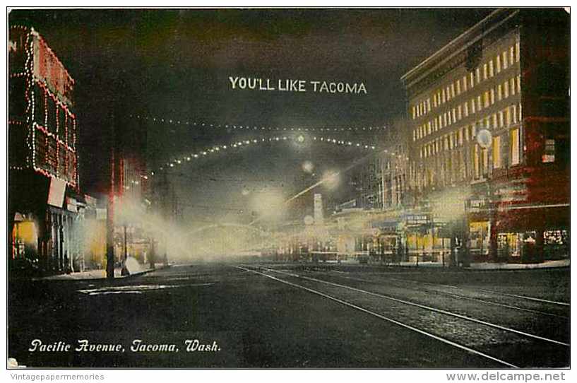 224005-Washington, Tacoma, Pacific Avenue At Night, Frank A. Neyhart By Curt Teich No A8416 - Tacoma
