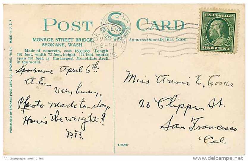 224011-Washington, Spokane, Monroe Street Bridge, 1912 PM, Spokane Post Card Co No A-26697 - Spokane