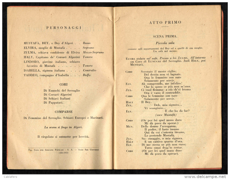 GIOACCHINO ROSSINI - L'ITALIANA IN ALGERI - LIBRETTO D'OPERA - DRAMMA GIOCOSO IN DUE ATTI DI ANGELO ANELLI - Other & Unclassified