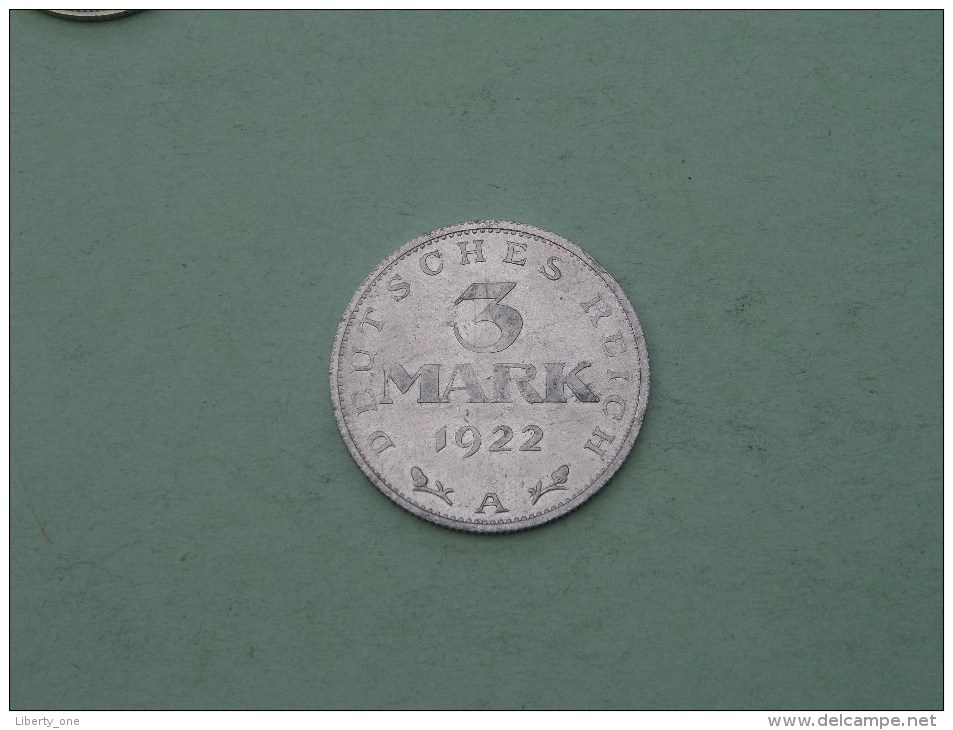 1922 A -  3 Mark / KM 28 ( Uncleaned Coin / For Grade, Please See Photo ) !! - 3 Mark & 3 Reichsmark