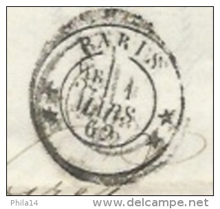 N° 14 BLEU NAPOLEON SUR LETTRE / PARIS CAD N° 1366 + N° 3308 POUR DIJON / 1 MARS 1862 - 1849-1876: Période Classique