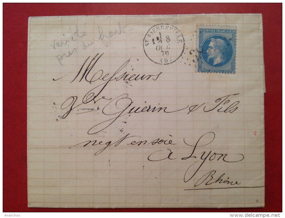 Lettre 1870  St SAINT PIERREVILLE Ardeche Pour Lyon Via Marseille (variété Sur Timbre) - 1849-1876: Période Classique