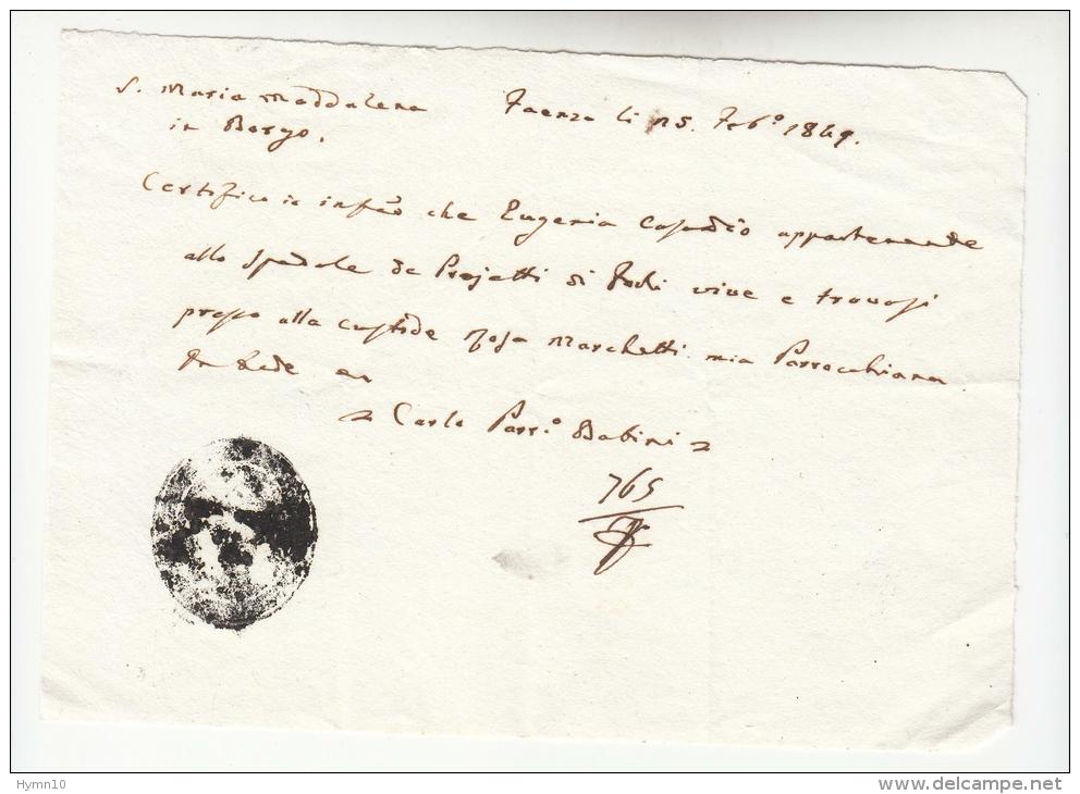 DE370-1849 STATO CHIESA Certificato Di Esistenza Della PARROCCHIA S.MARIA MADDALENA In BORGO-FAENZA-timbro PARROCCHIA - Historische Dokumente