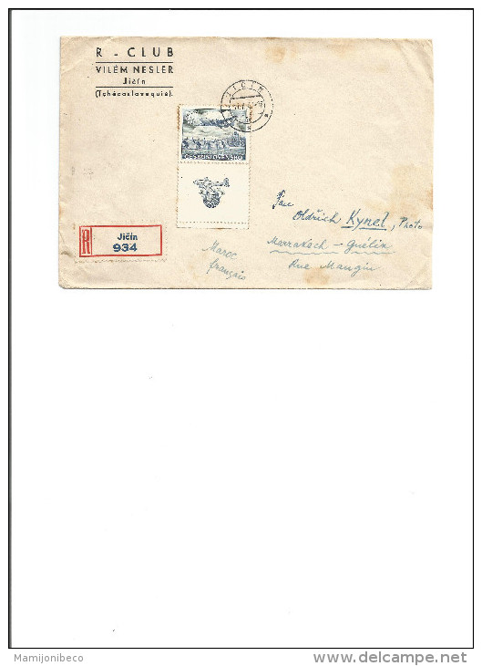 1 Lettre PAR AVION De JICIN (Tchèqu...) Pour Marrakech 11/02/47 Cachet D\´arrivée à Marrakech17/02 - Luchtpost