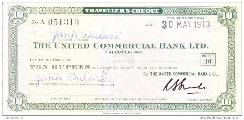 INDIA TRAVELLIER´S CHEQUE - USED - THE UNITED COMMERCIAL BANK LIMITED, CALCUTTA - 10 RUPEES - 1973 - Schecks  Und Reiseschecks