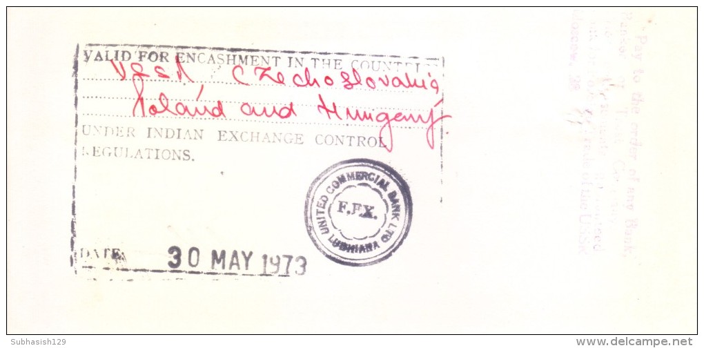 INDIA TRAVELLIER´S CHEQUE - USED - THE UNITED COMMERCIAL BANK LIMITED, CALCUTTA - 10 RUPEES - 1973 - Cheques En Traveller's Cheques